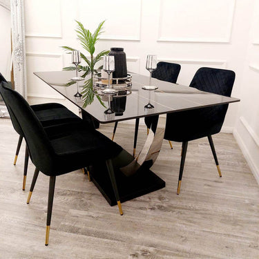 Venus 1.6m Dining Table - Black Sintered Stone Top with Chrome Pedestal Legs - UK Luxury Furniture